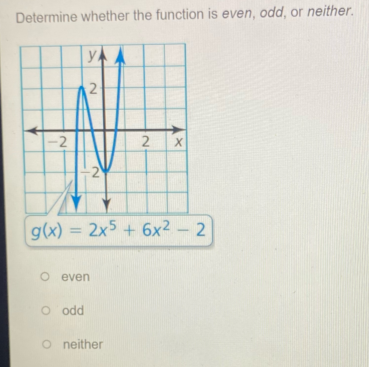 Help Determine whether the function is even, odd,