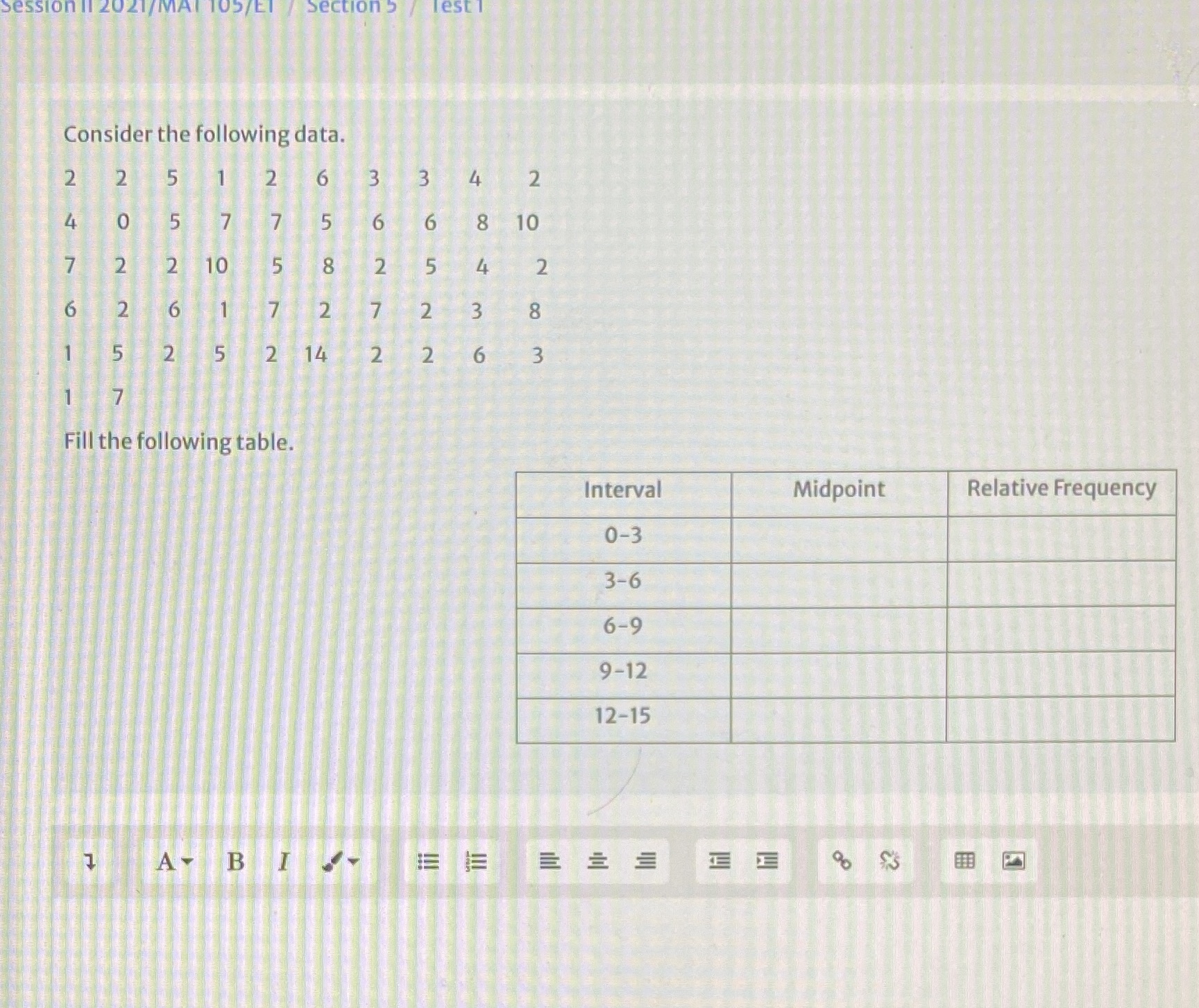 /EI Section 5 Test 1 Consider the following data.