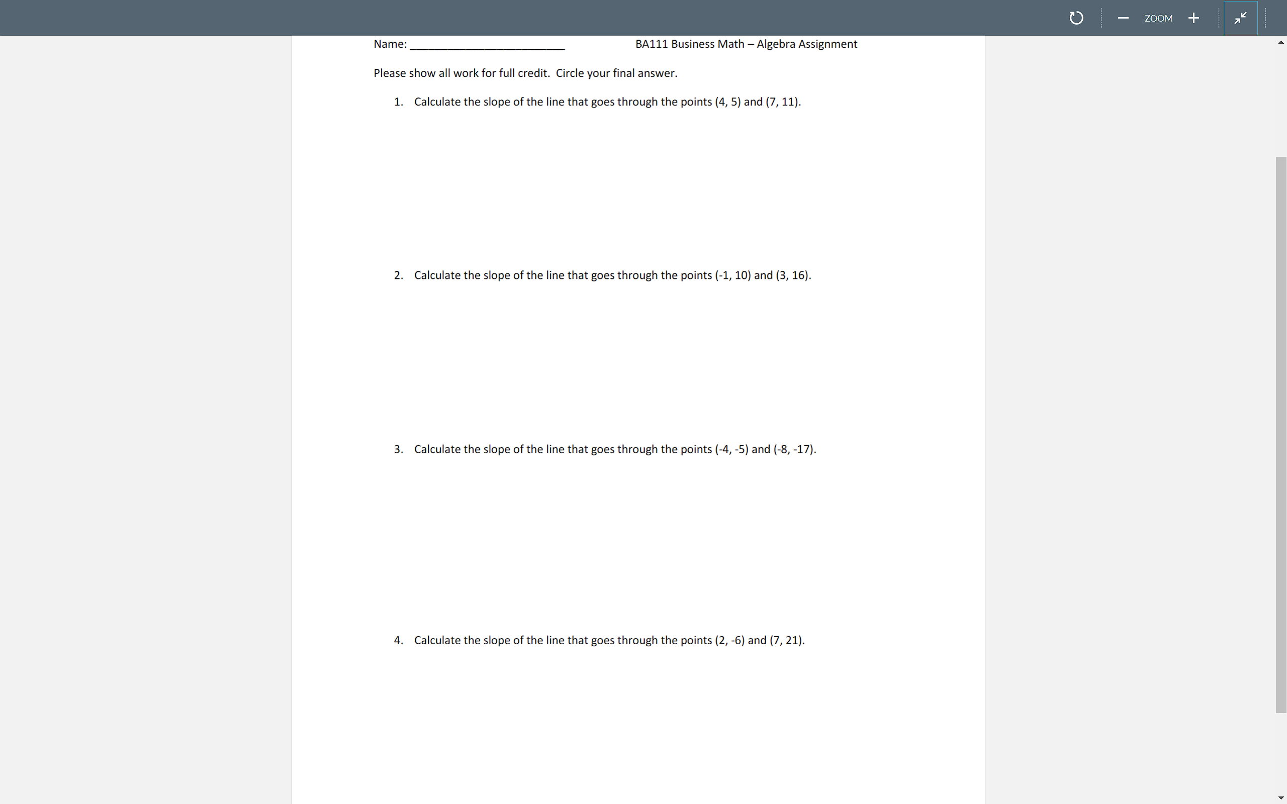 zoom + Name: BA111 Business Math Algebra
