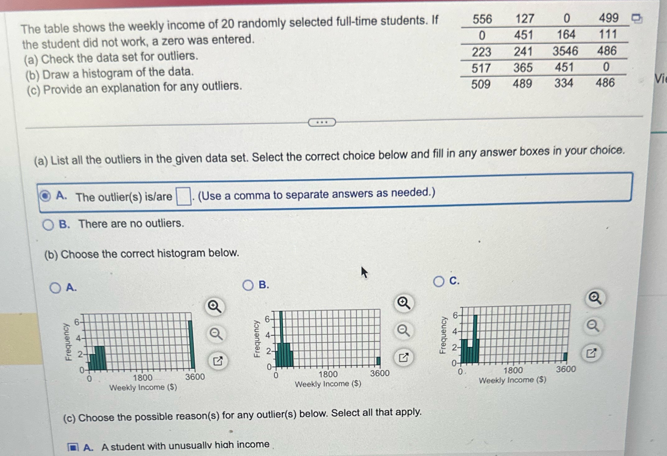 The table shows the weekly income of 20 randomly
