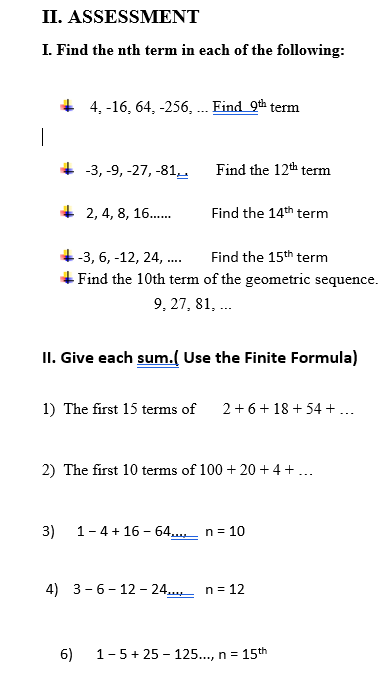 II. ASSESSMENT I. Find the nth term in each of