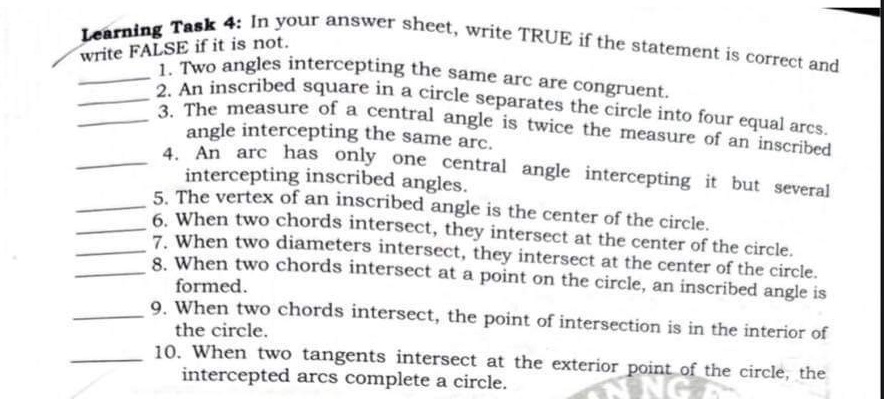 Learning Task 4: In your answer sheet, write TRUE