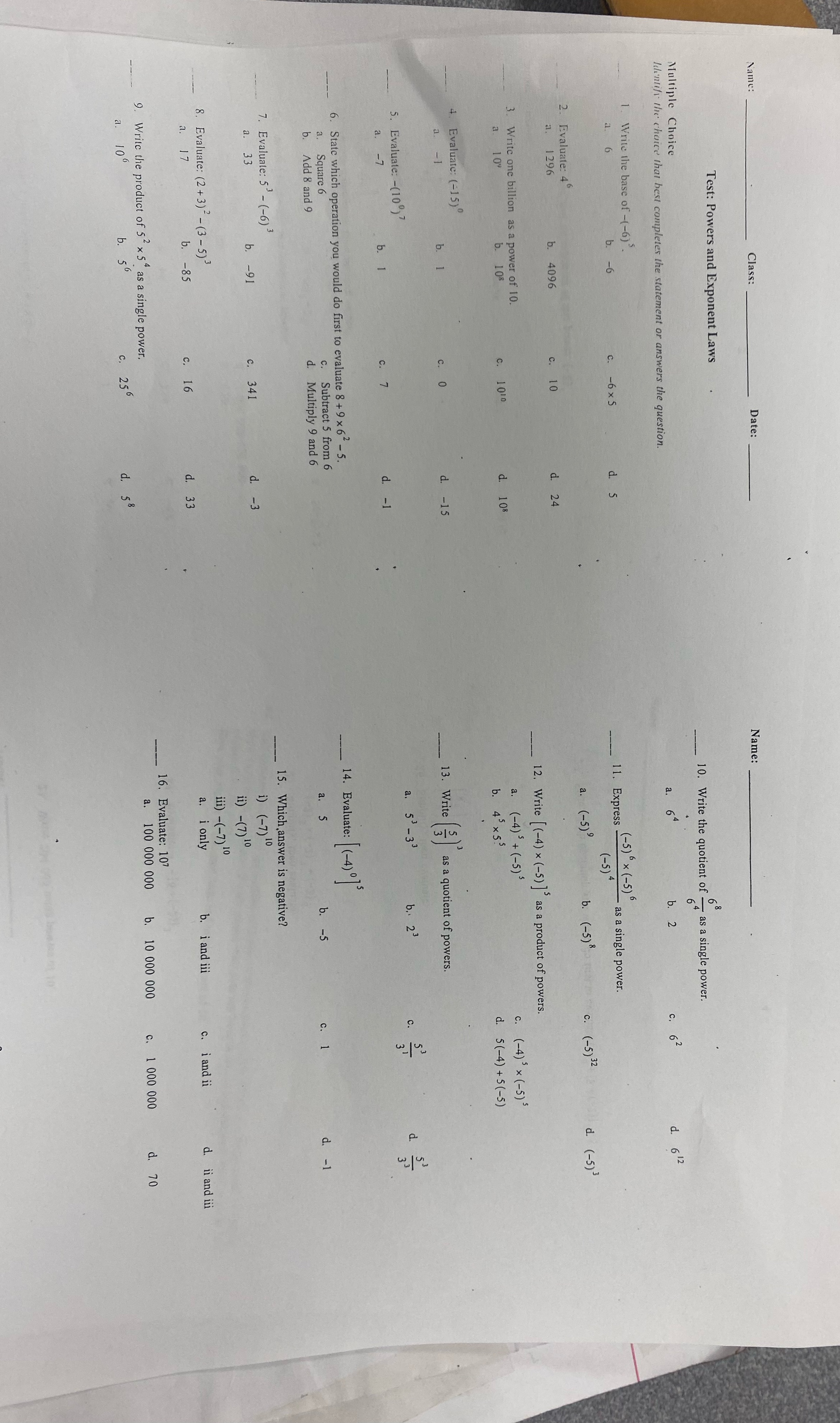 Name: Class: Date: Name: Test: Powers and