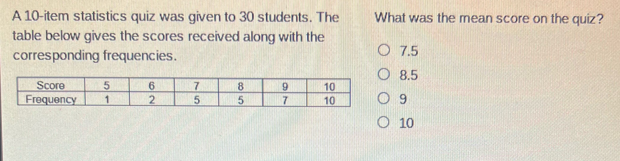 A 10-item statistics quiz was given to 30