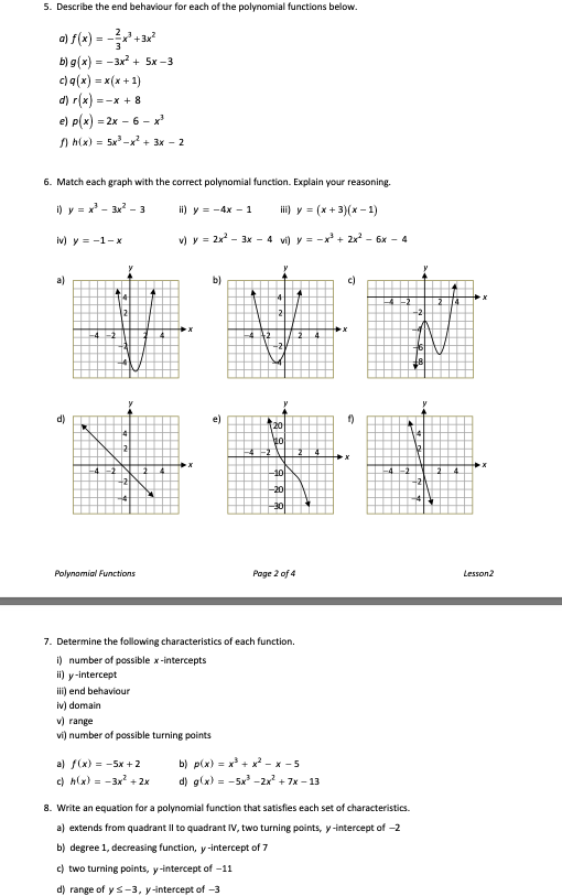 5. Describe the end behaviour for each of the