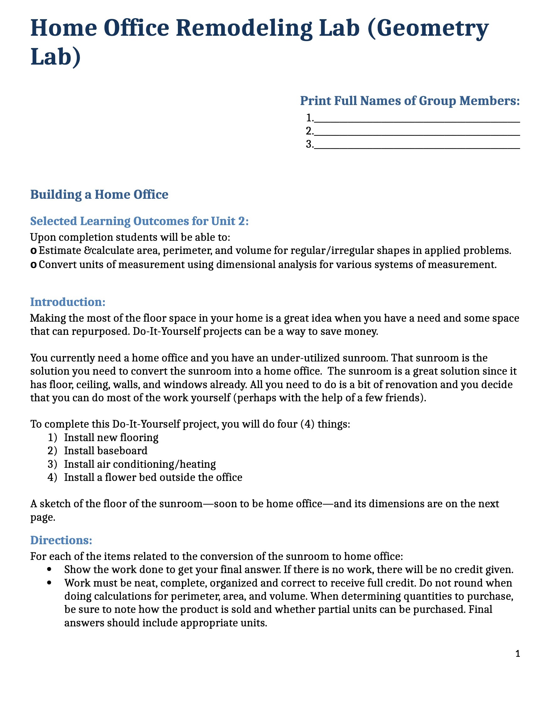 Home Office Remodeling Lab (Geometry Lab) Print