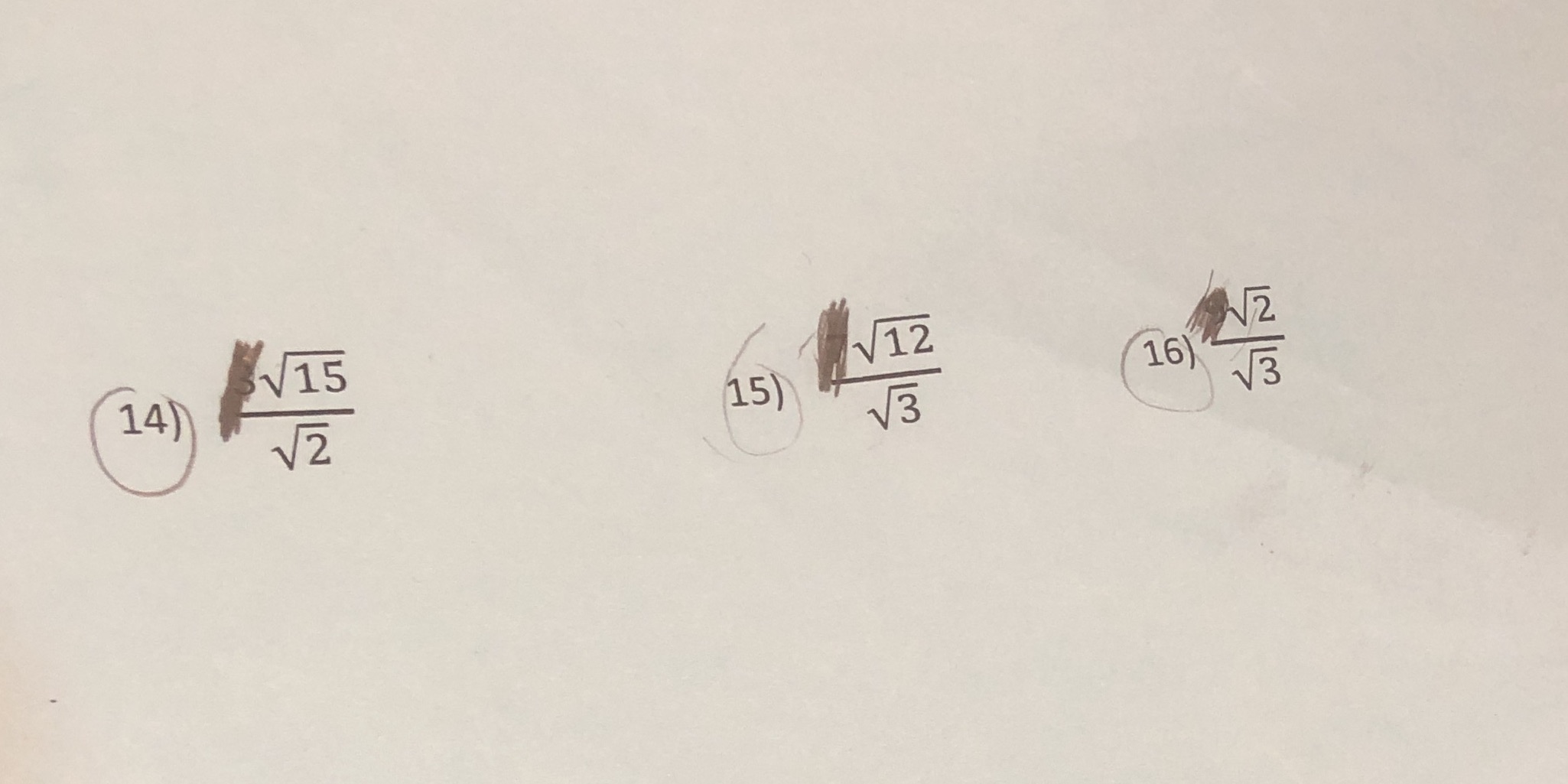 Help me simplify radicals 14) 15 12 V2 15) VZ 16)