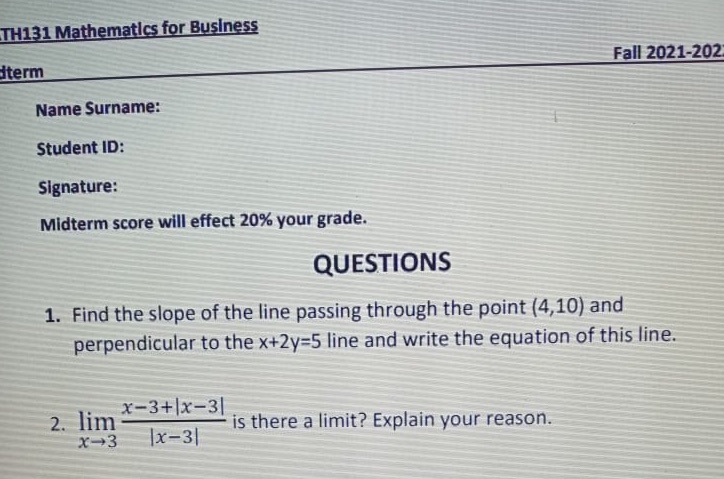 TH131 Mathematics for Business iterm Fall