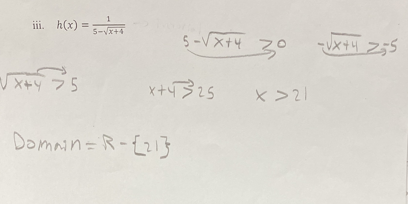 Find the domain 1 iii. h(x) = 5-Vx+4 5 - V X+ 4