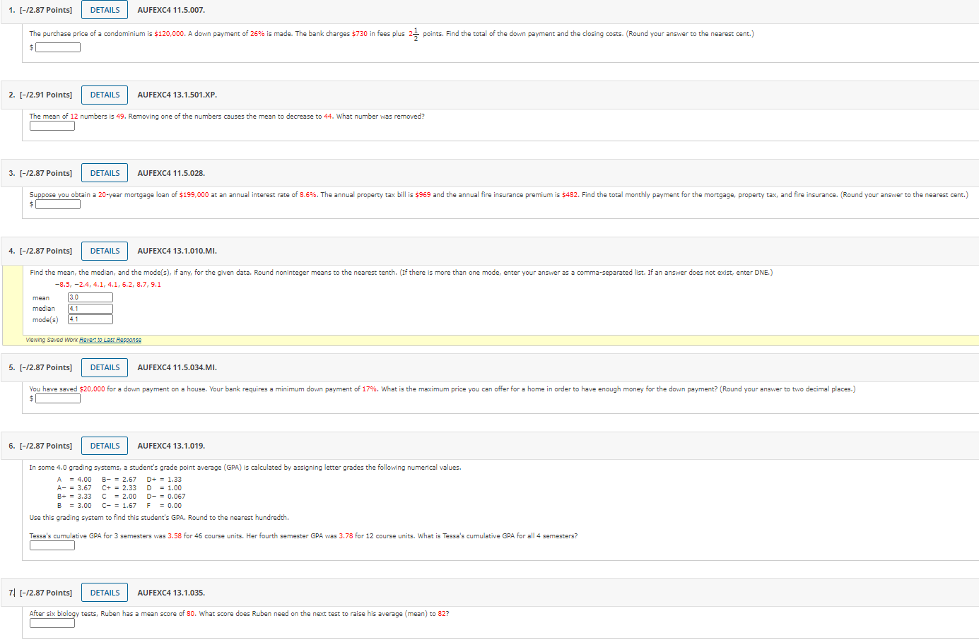 1. [-/2.87 Points] DETAILS AUFEXC4 11.5.007. The