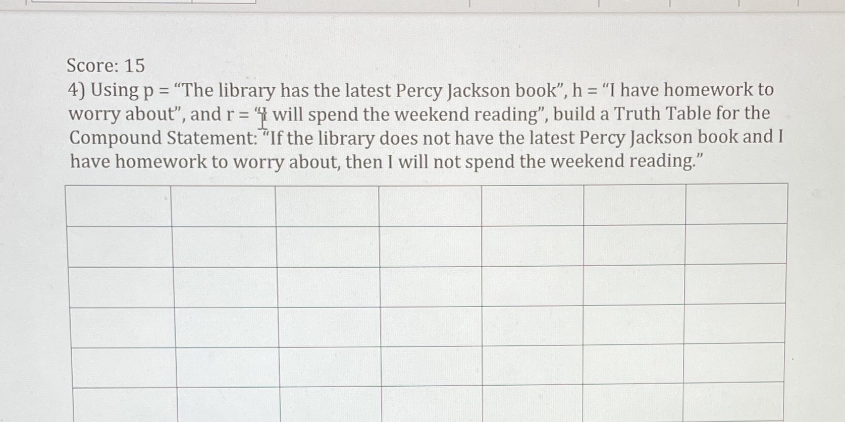 Score: 15 4) Using p = "The library has the