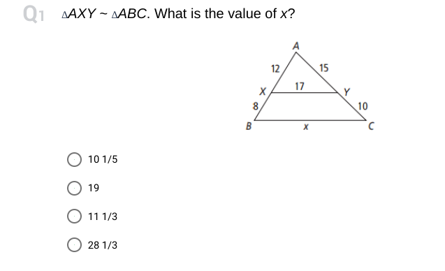 Q1 MAXY - ABC. What is the value of x? A 12 15 X