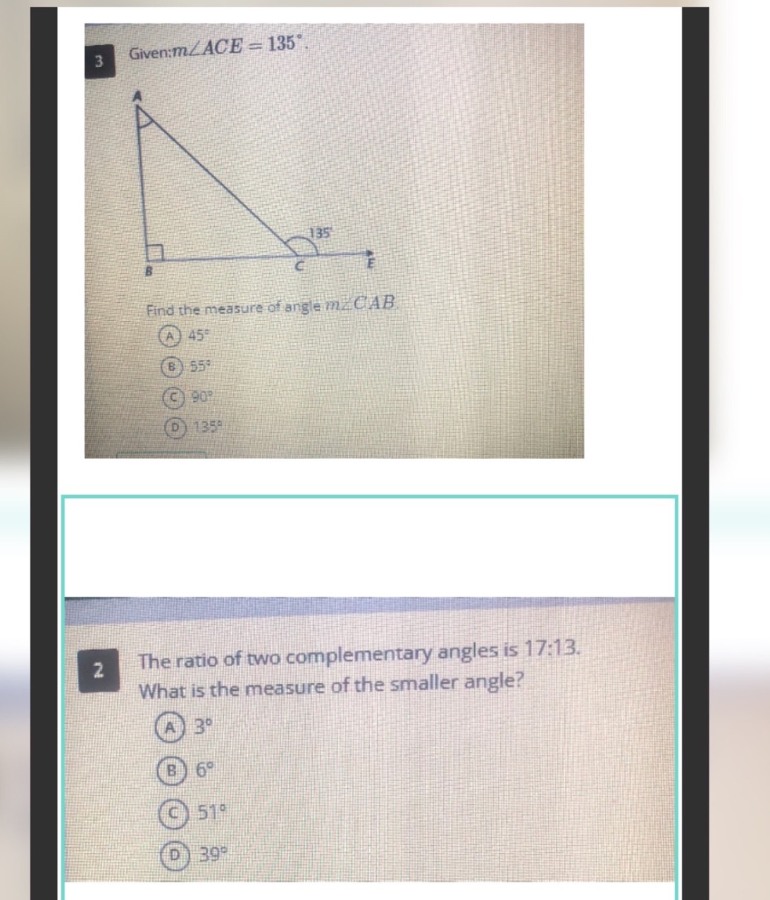Math 3 Given:mZACE =135 135 Find the measure of