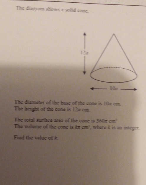 find the volume -k The diagram shows a solid come