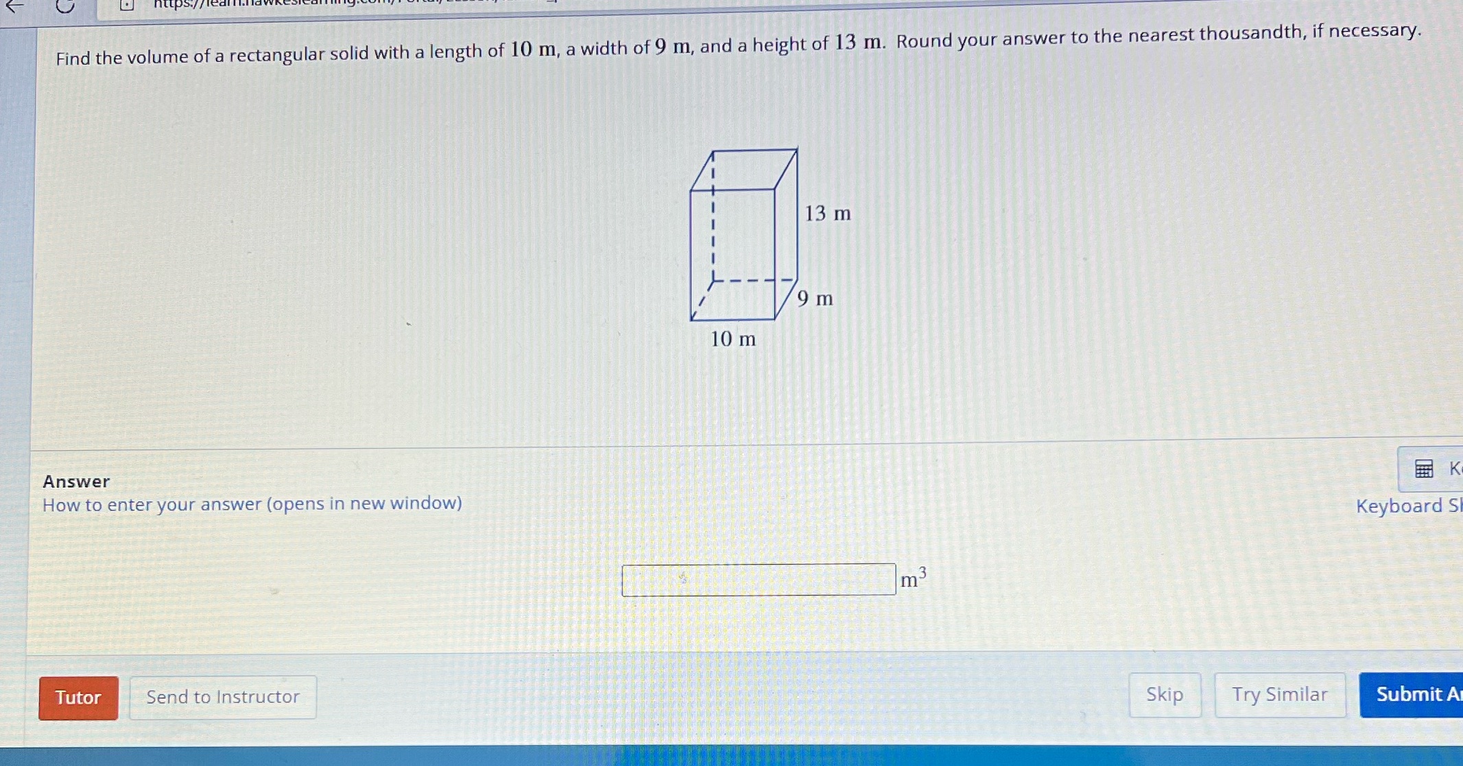 Find the volume of a rectangular solid with a