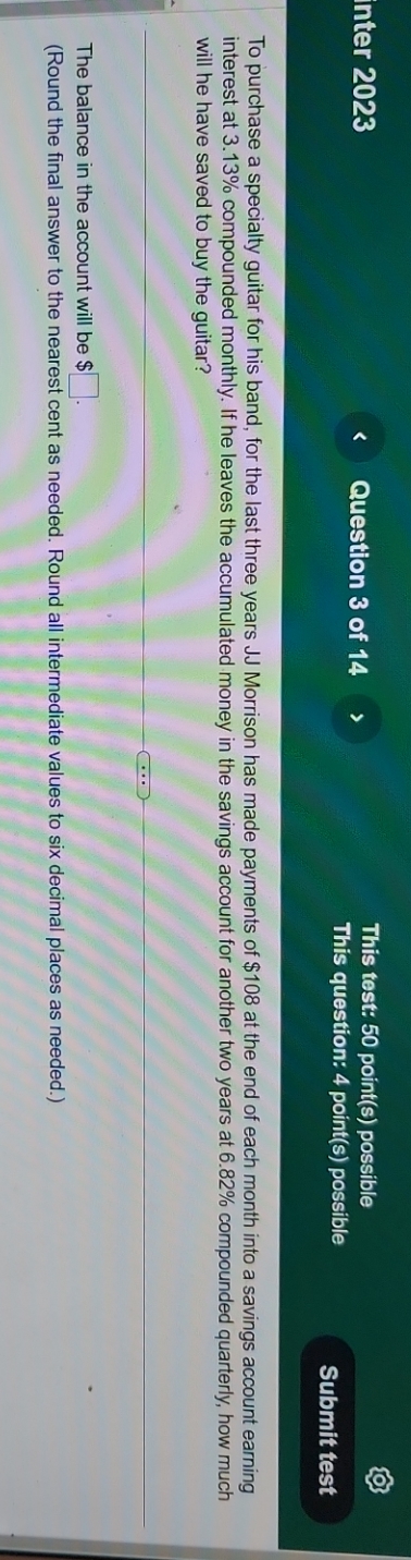 nter 2023 Question 3 of 14 This test: 50 point(s)