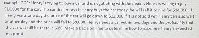 Example 7.21: Henry is trying to buy a car and is