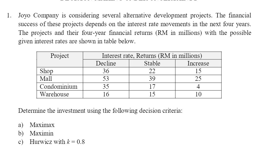 1. Joyo Company is considering several