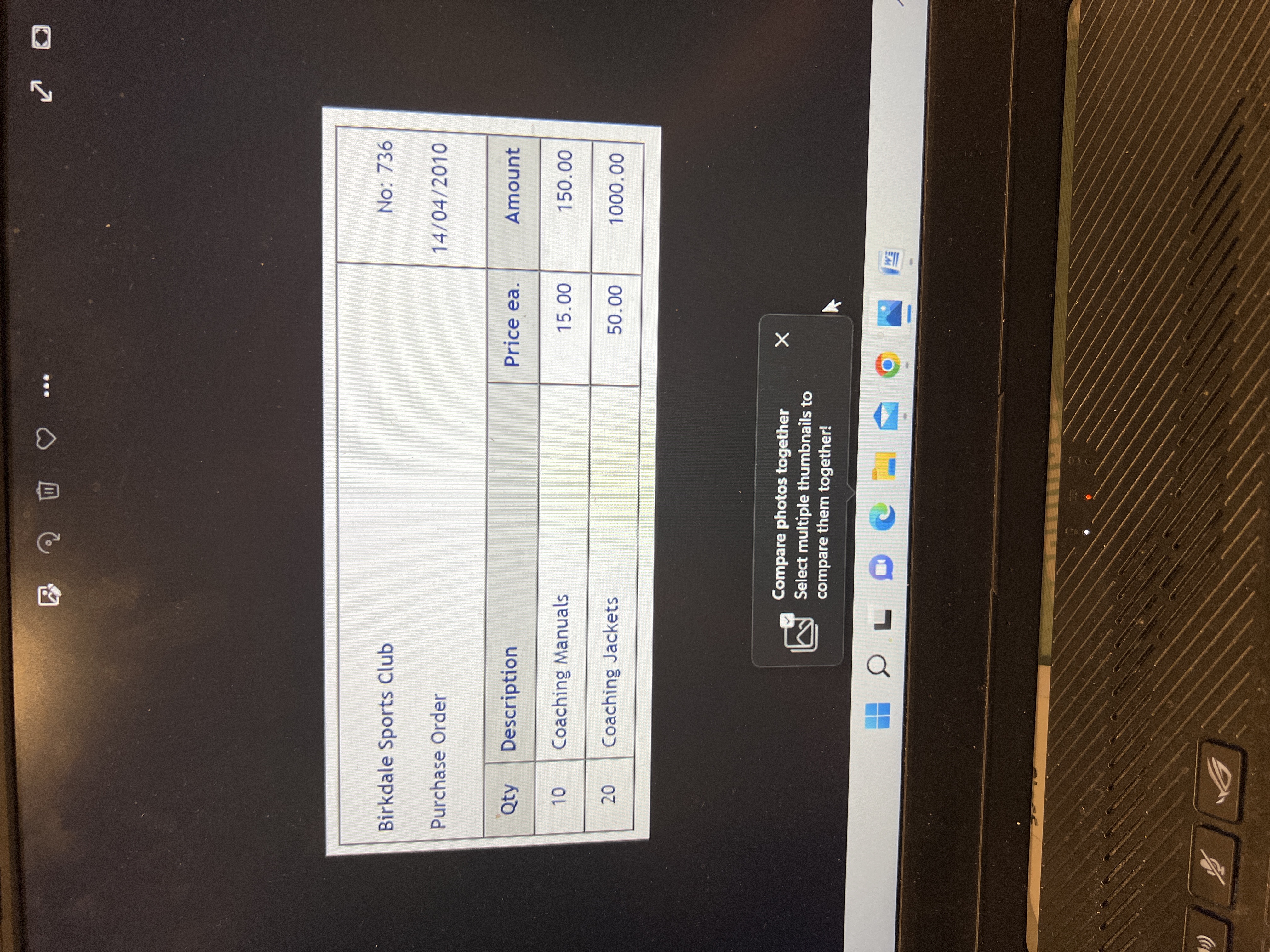 ... Birkdale Sports Club No: 736 Purchase Order