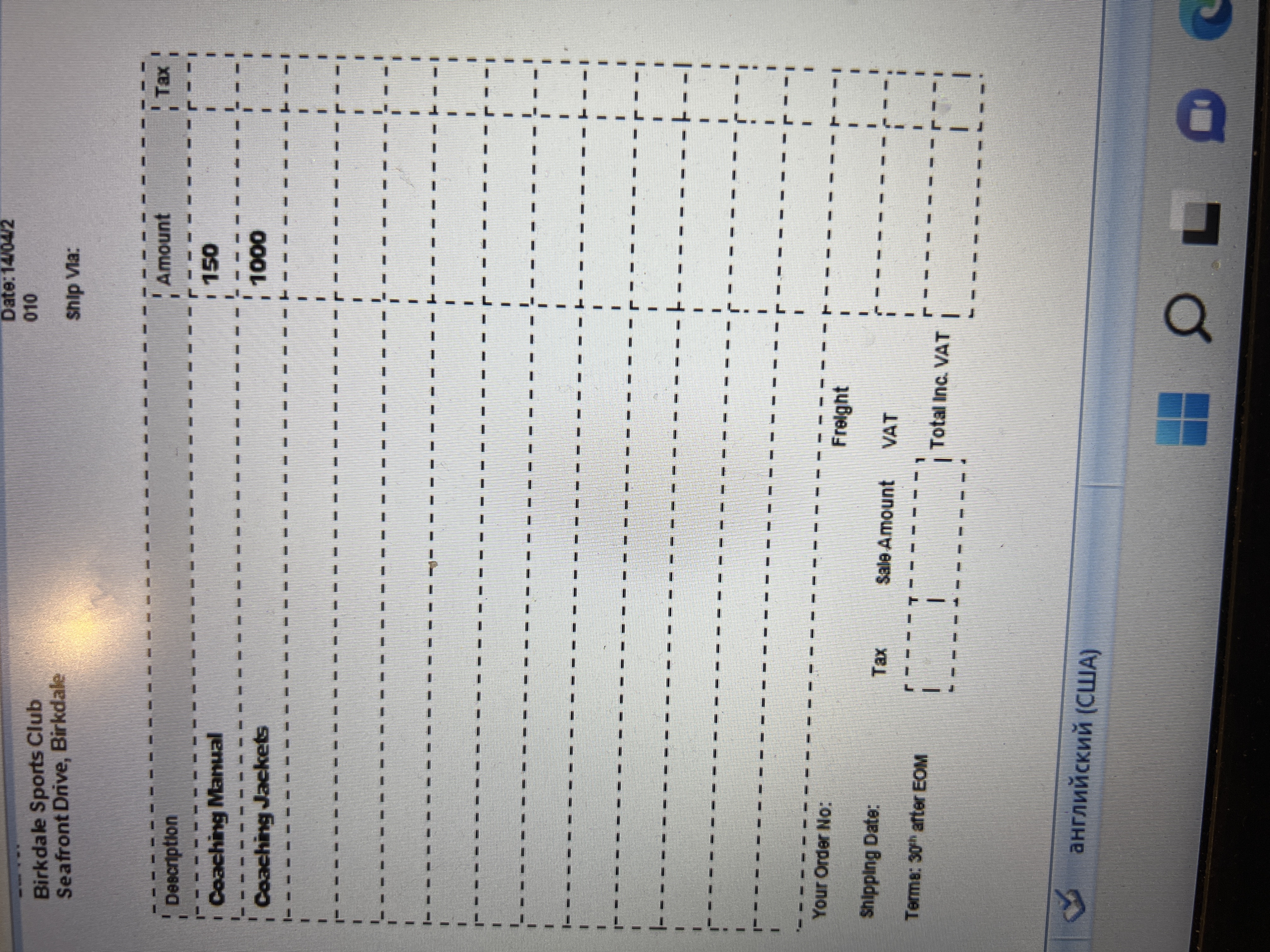 ... Birkdale Sports Club No: 736 Purchase Order