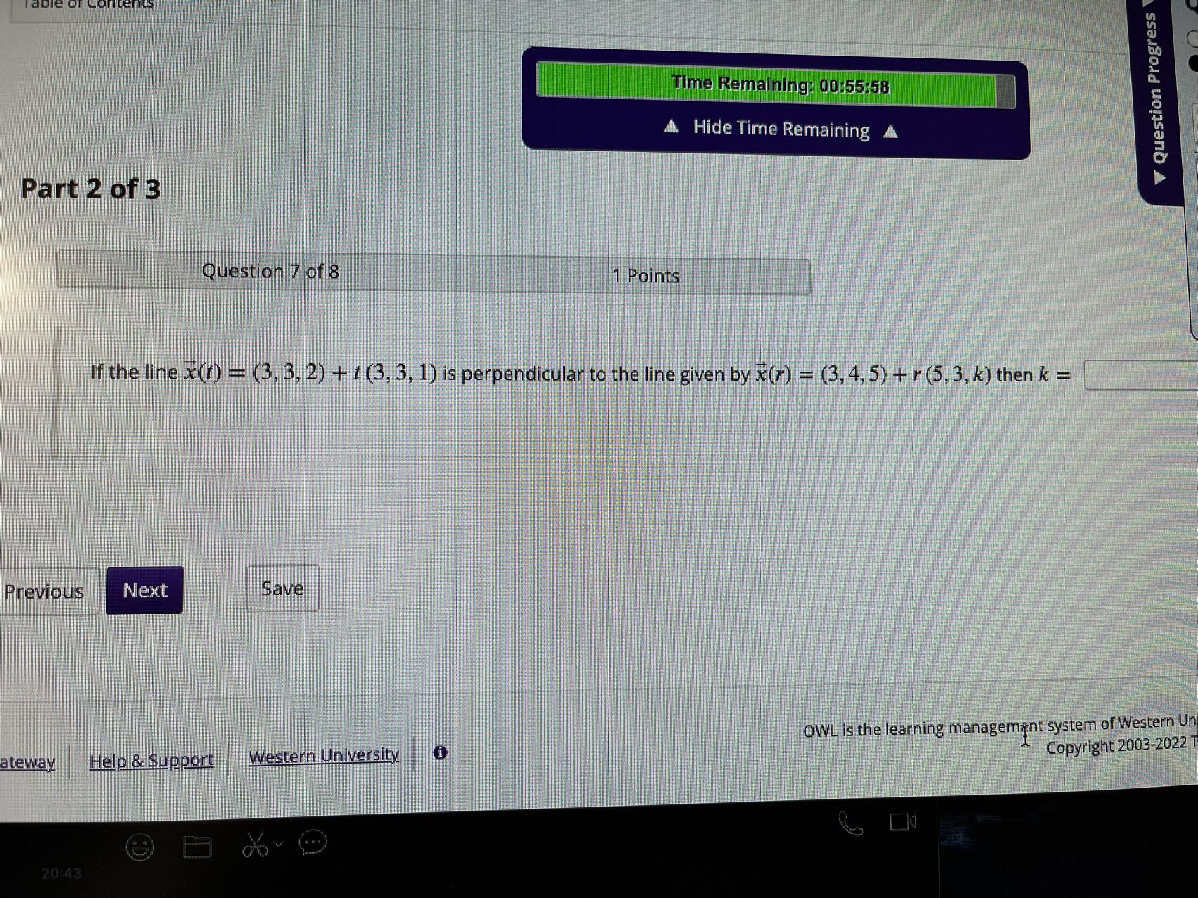 Time Remaining: 00:55:58 Question Progress Hide