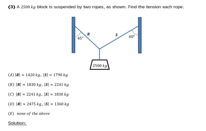 (3) A 2500 kg block is suspended by two ropes, as