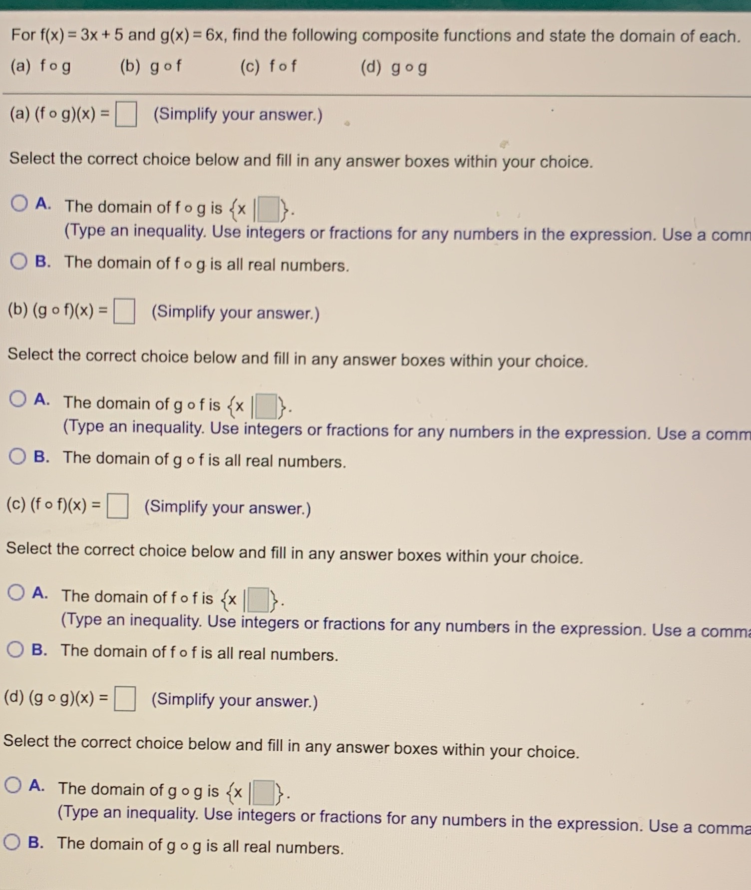 For f(x) = 3x + 5 and g(x) = 6x, find the