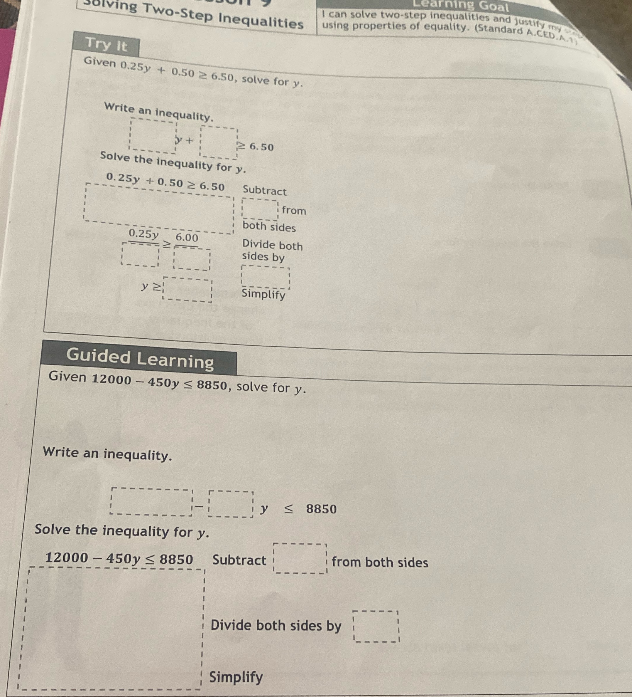 Learning Goal solving Two-Step Inequalities I can