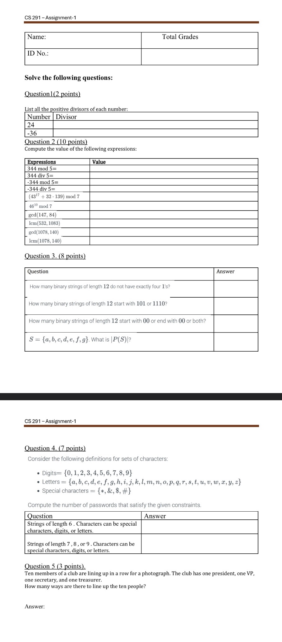 Please do question 1 to 5 it's a discrete math
