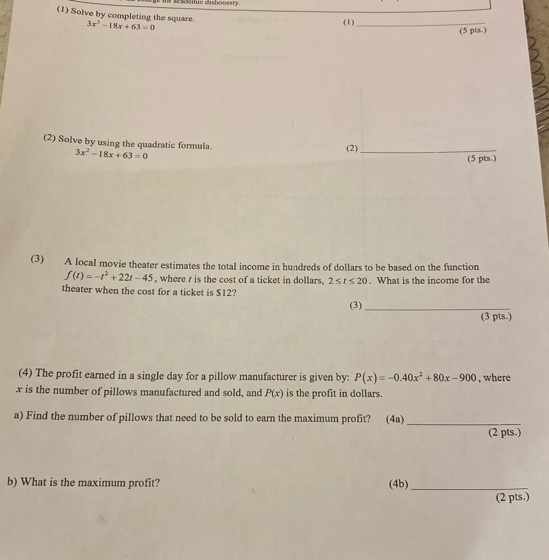 dishonesty. (1) Solve by completing the square.