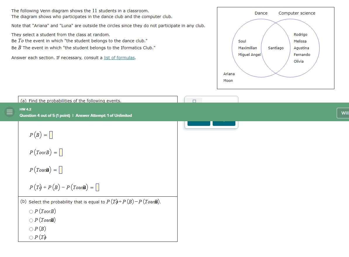 The following Venn diagram shows the 11 students