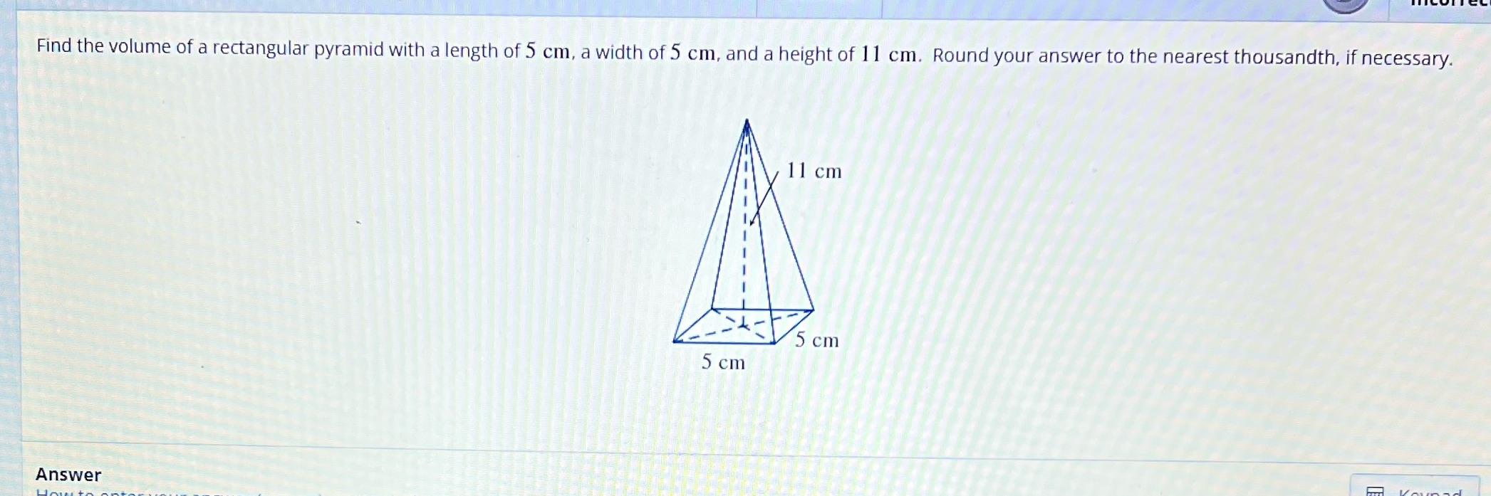 Find the volume of a rectangular pyramid with a