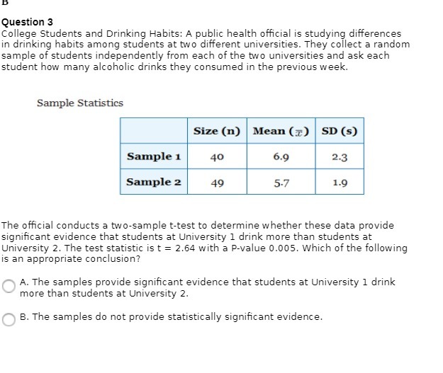 Question 3 College Students and Drinking Habits: