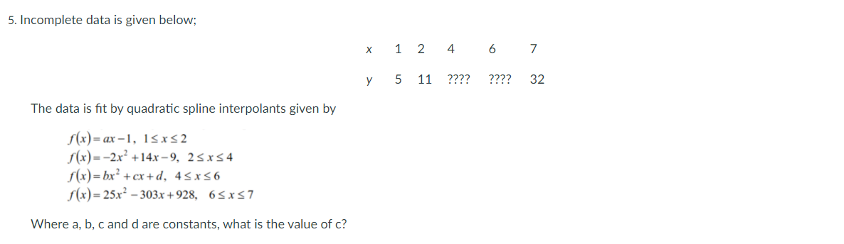 5. Incomplete data is given below; x 1 2 4 6 7 y