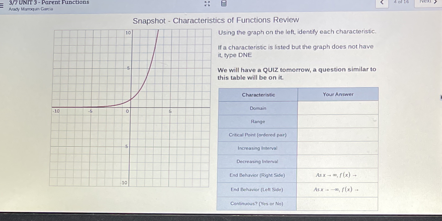 3/7 UNIT 3 - Parent Functions 4 of 16 Next Arady