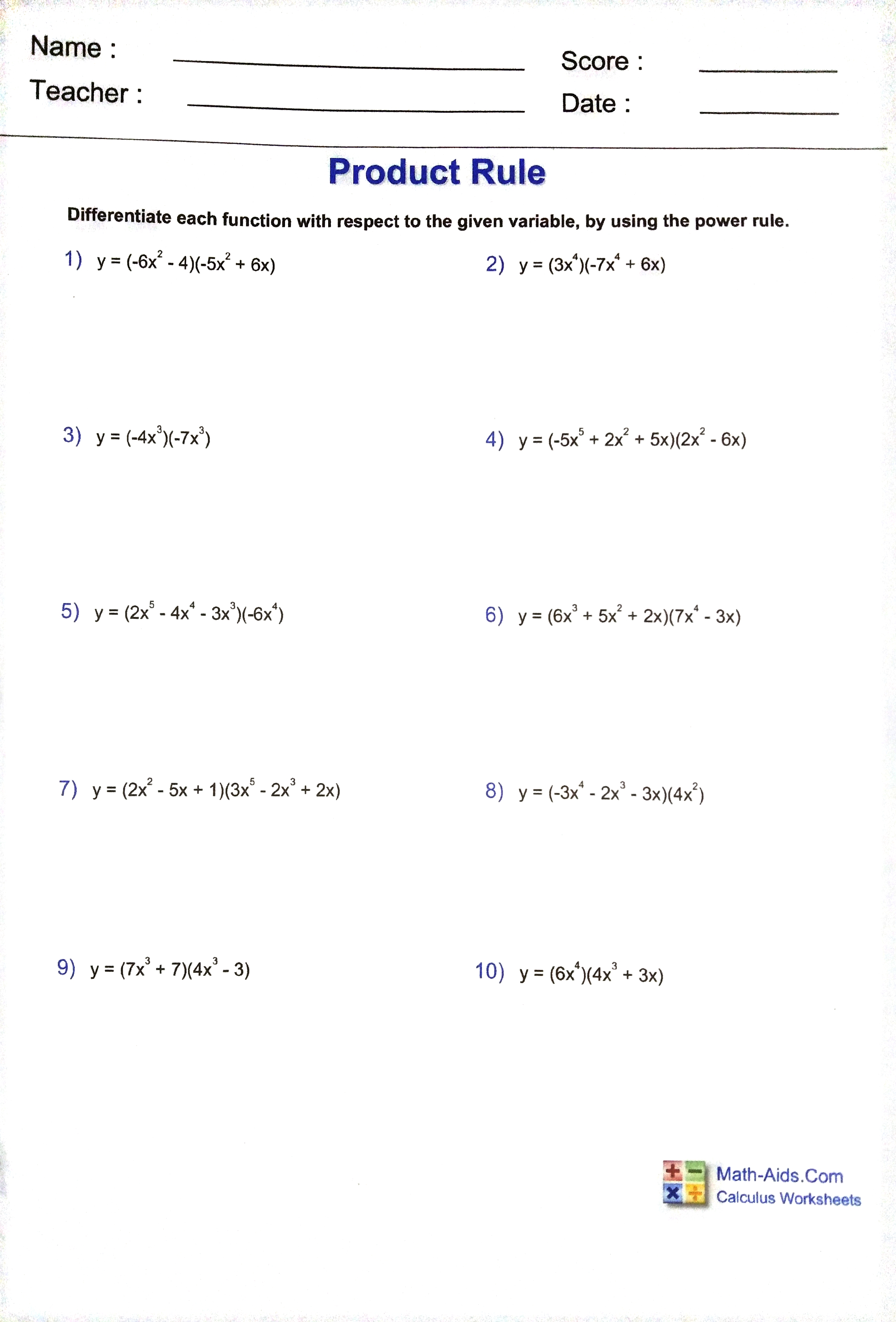 Name : Score : Teacher : Date : Power, Constant,