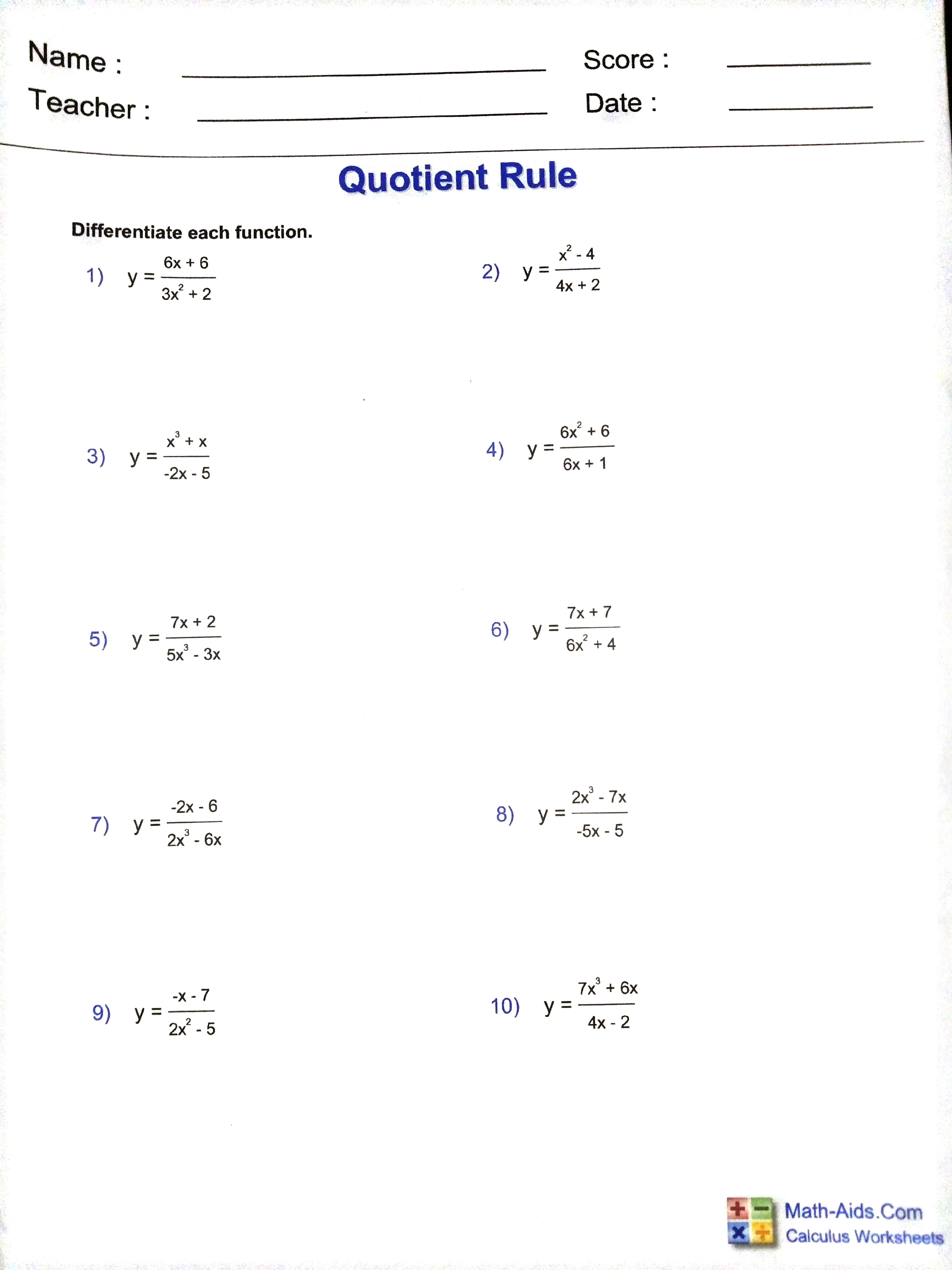 Name : Score : Teacher : Date : Power, Constant,