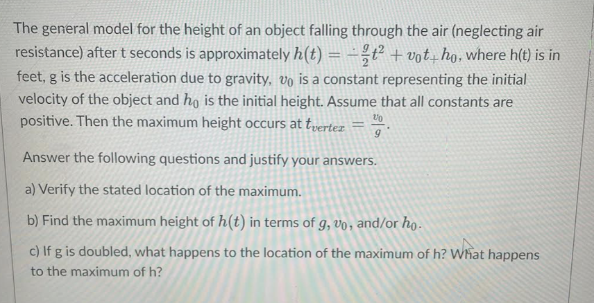 The general model for the height of an object