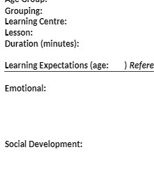 Grouping: Learning Centre: Lesson: Duration