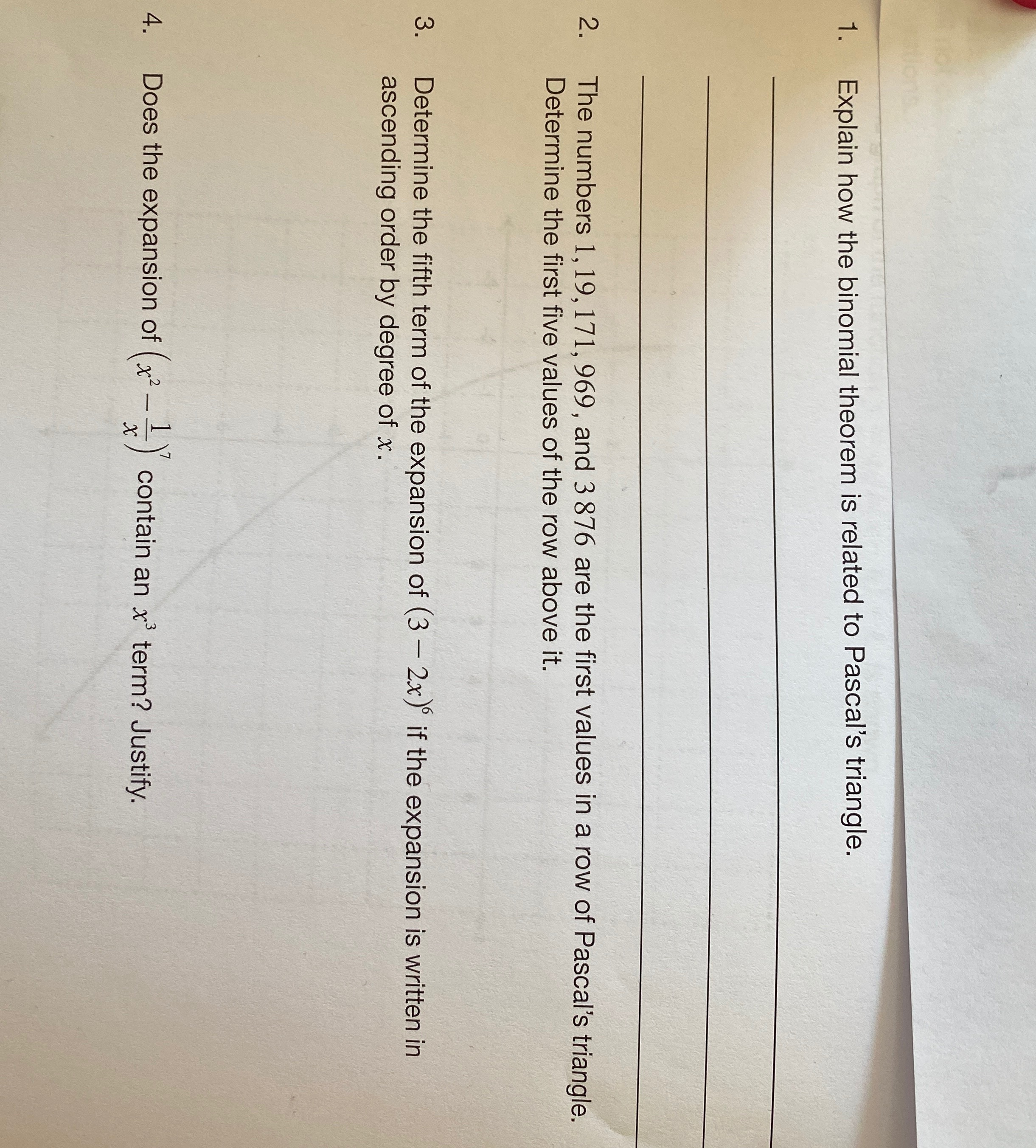 Math 30-1The Binomial theorem 1 . Explain how the