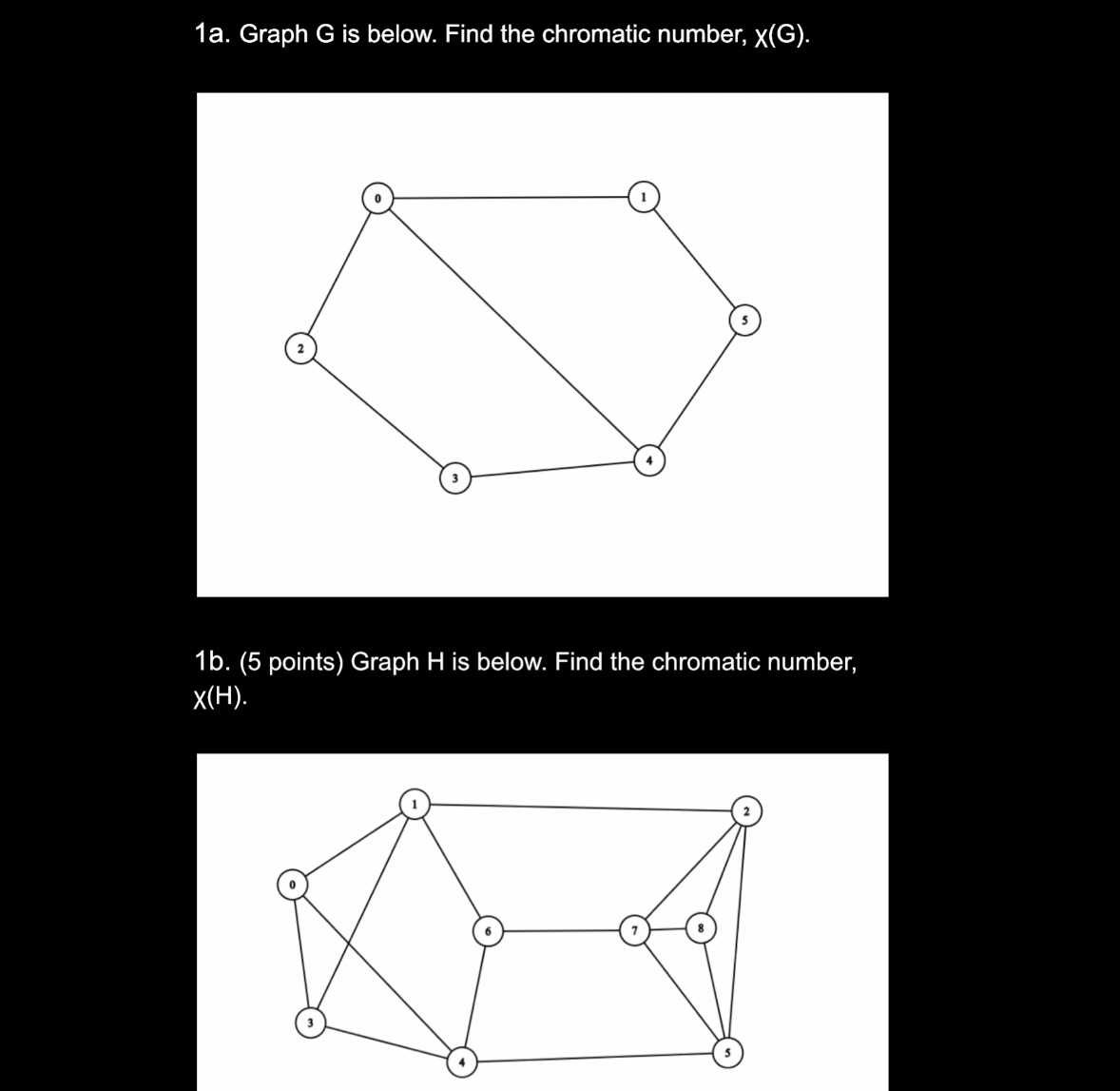 1a. Graph G is below. Find the chromatic number,