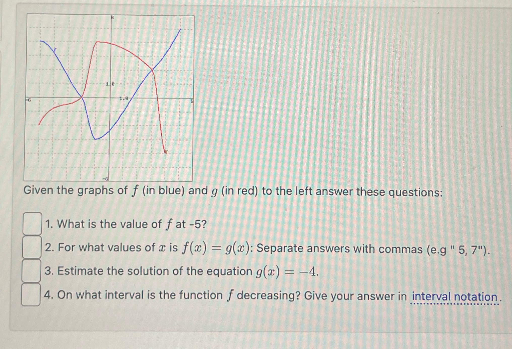 Given the graphs of f (in blue) and g (in red) to