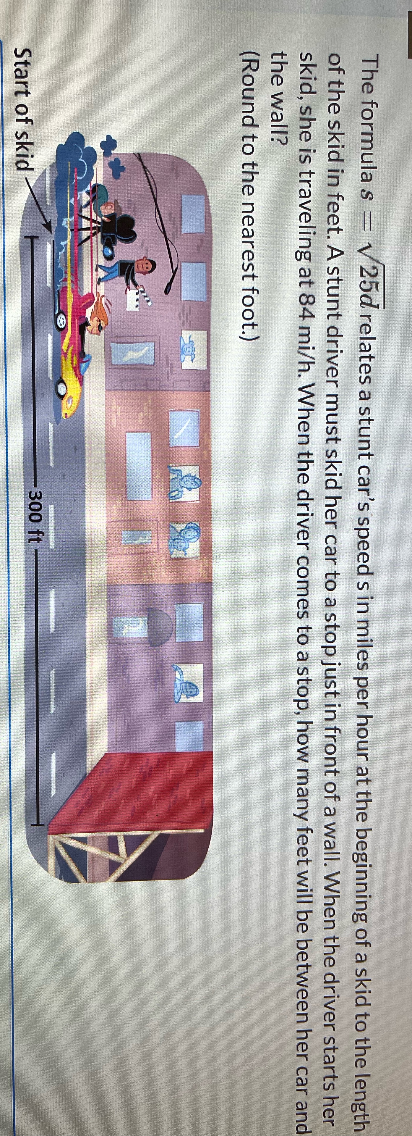 The formula s = \\25d relates a stunt car's