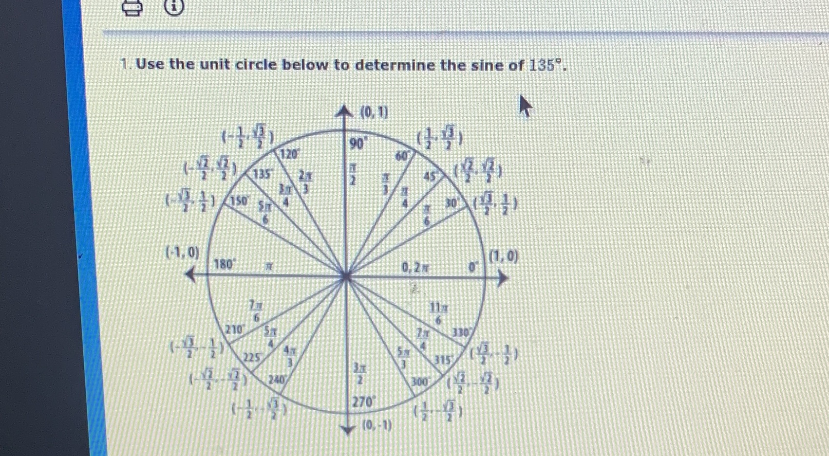 1. Use the unit circle below to determine the