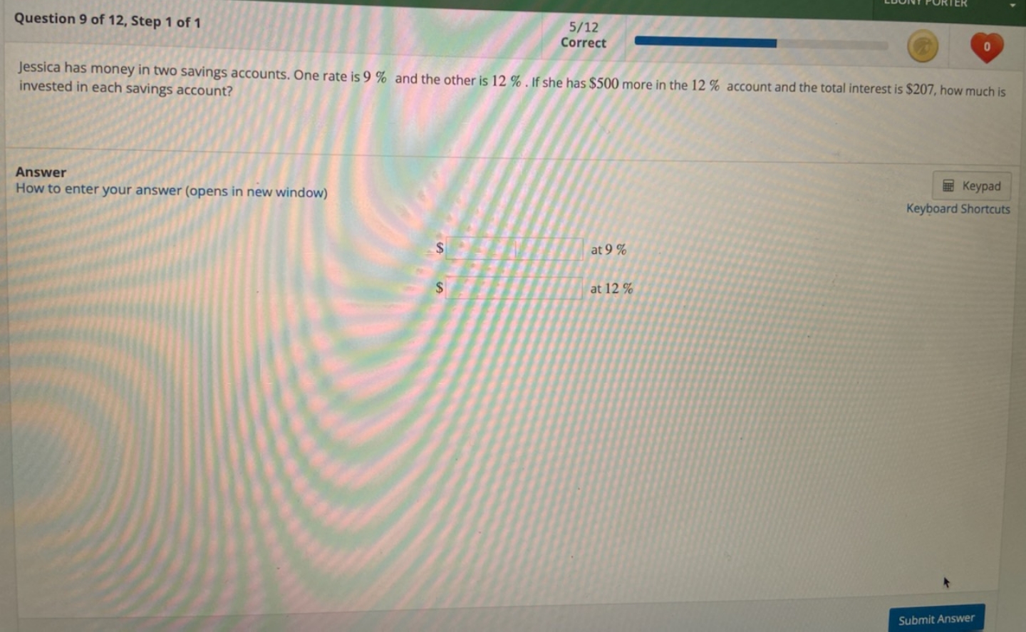 help please Question 9 of 12, Step 1 of 1 5/12