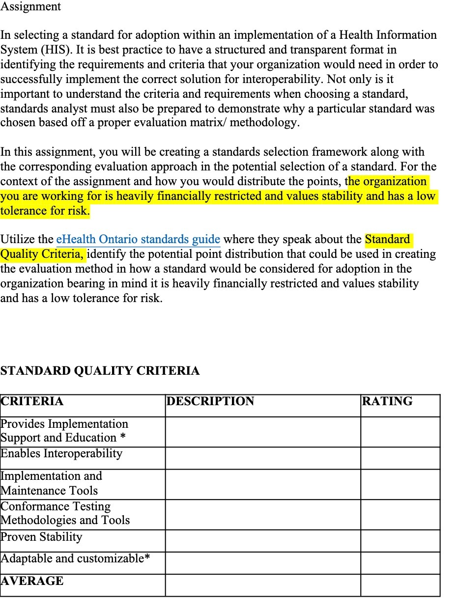 Assignment In selecting a standard for adoption