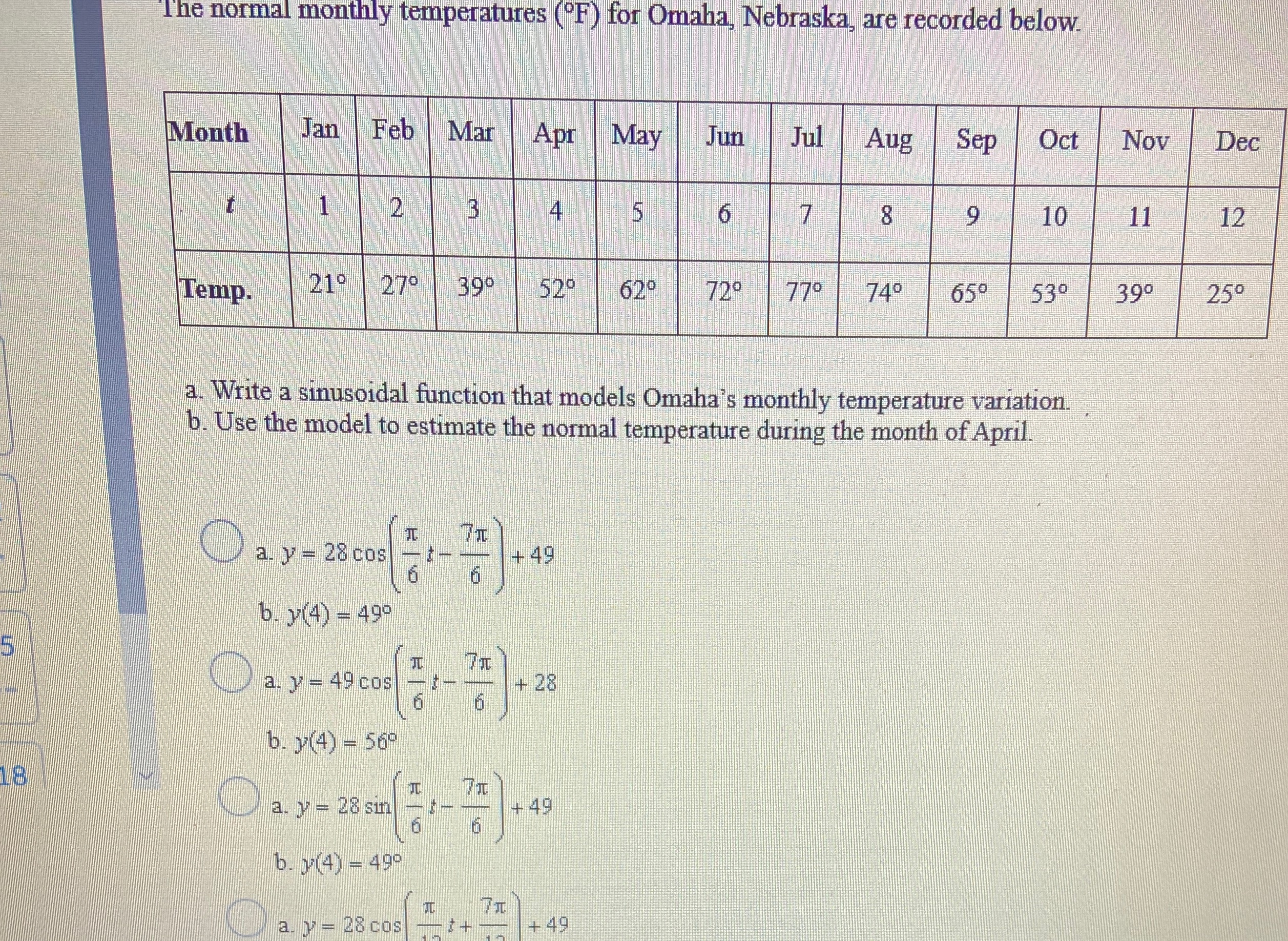 Please help The normal monthly temperatures ("F)
