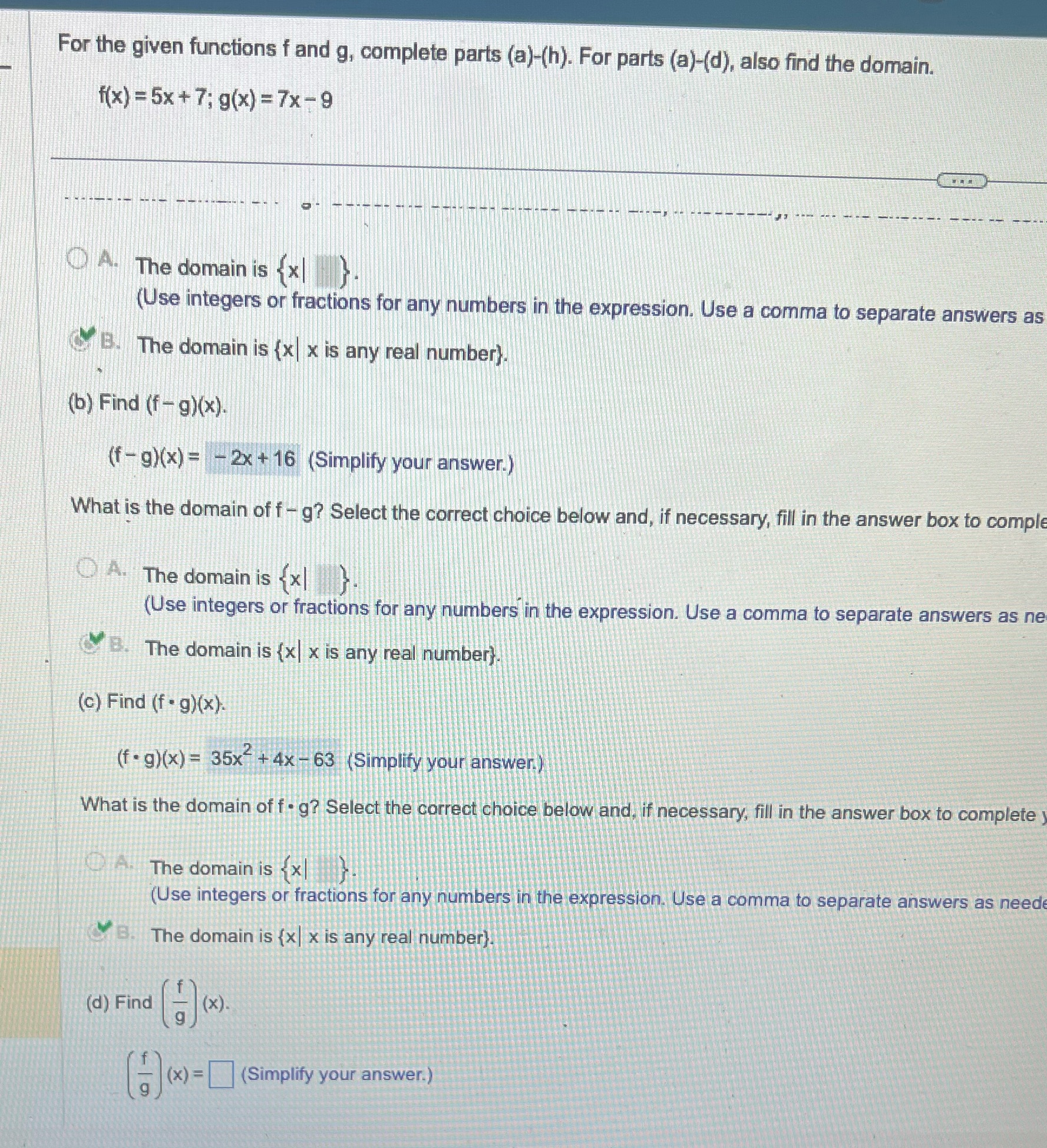 For the given functions f and g, complete parts