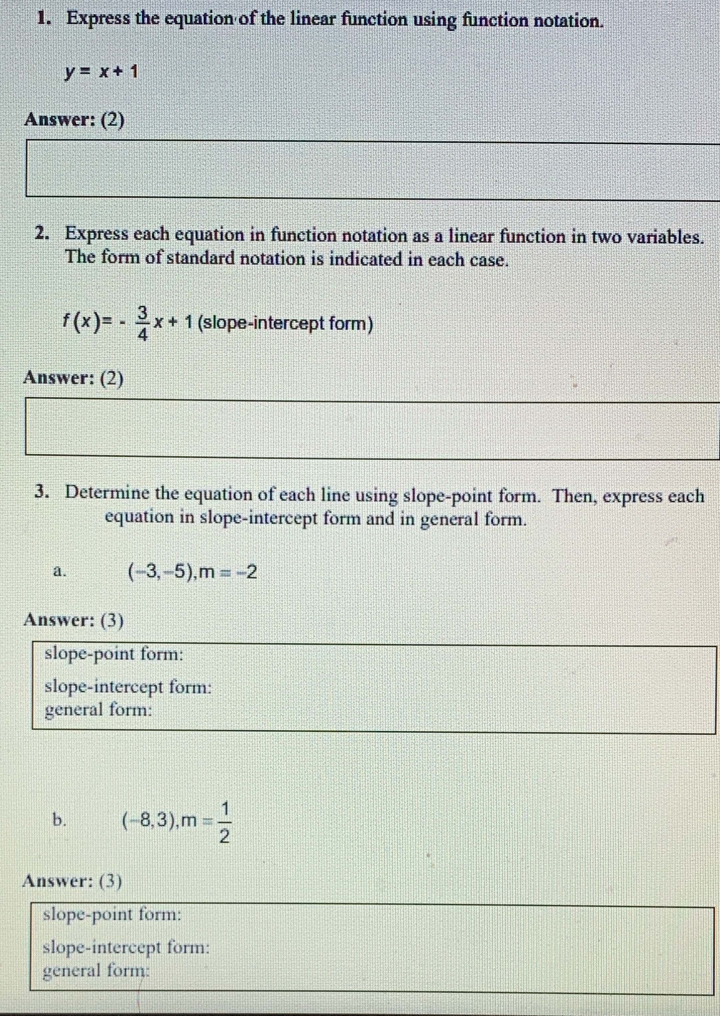 1. Express the equation of the linear function