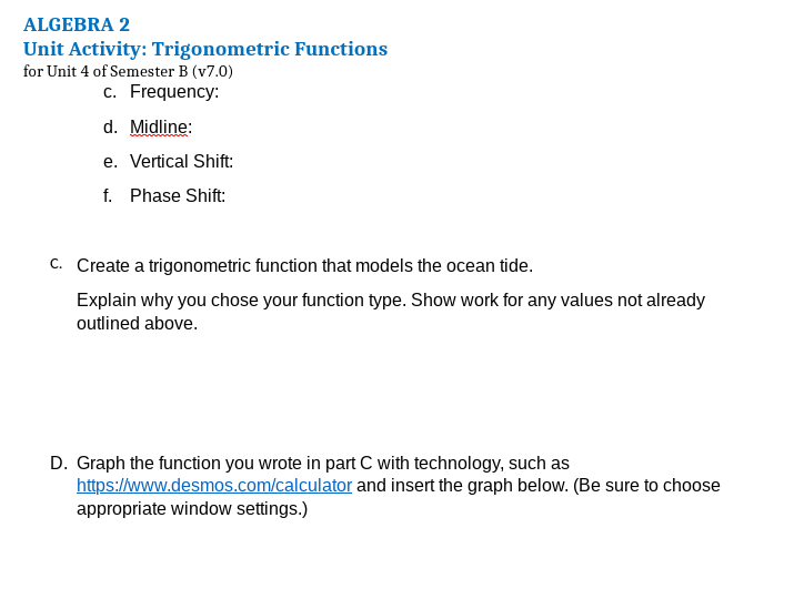 Unit 4 Unit Activity: Trigonometric Functions